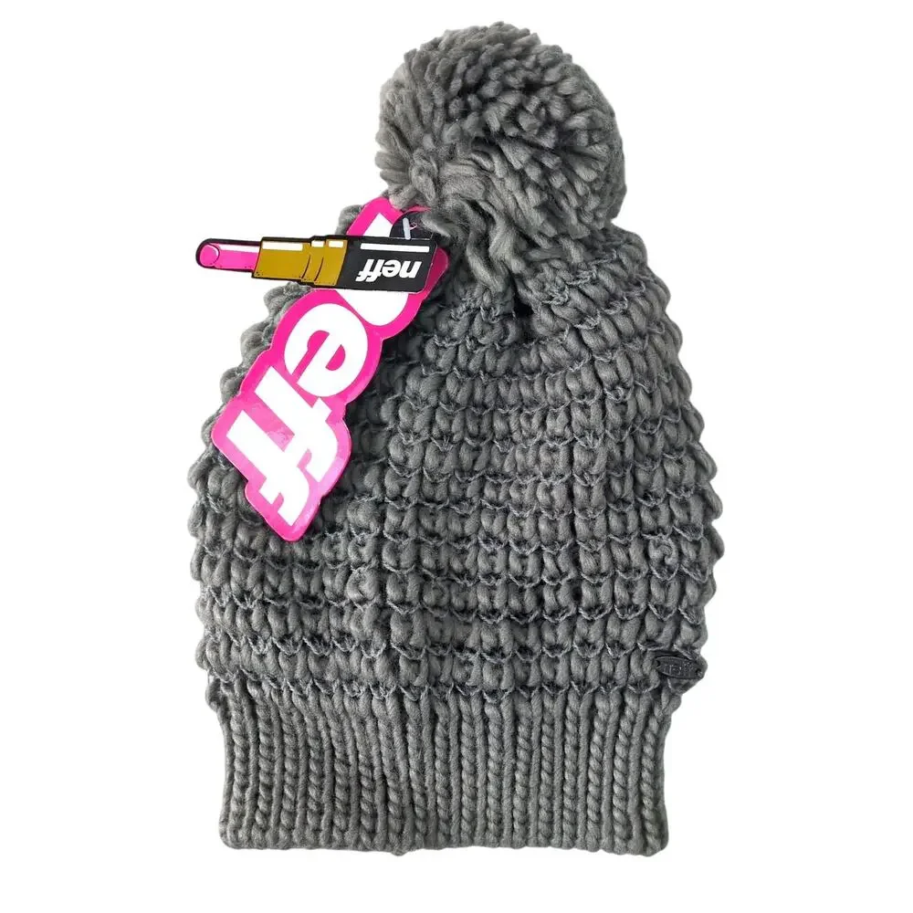 NEFF Eifel-t Chunky Knit Slouch Pom Pom Beanie Winter Hat, Grey NWT Outdoors Ski